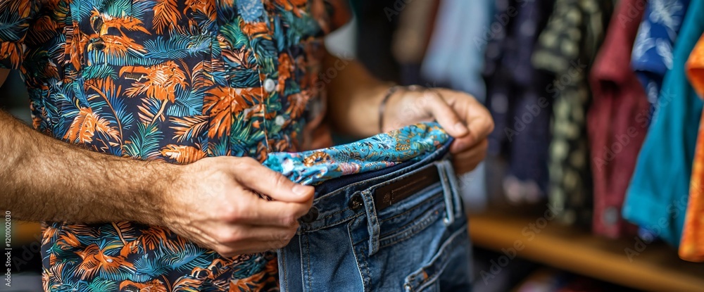 Man examining jeans and floral shirt in a closet.