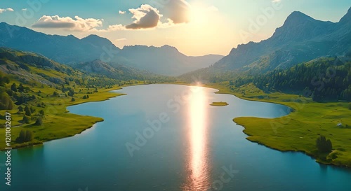 Wallpaper Mural A serene landscape featuring a lake surrounded by mountains and lush greenery at sunset. Torontodigital.ca