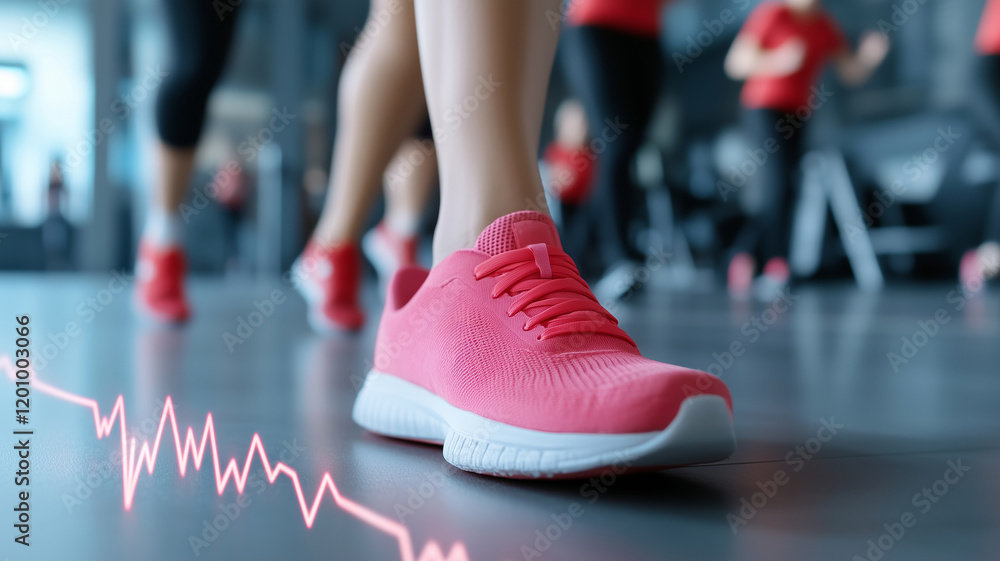 A close-up of pink running shoes in motion, with a heartbeat graph symbolizing health and activity. A close-up of pink running shoes in motion, with a heartbeat graph symbolizing health and activity.