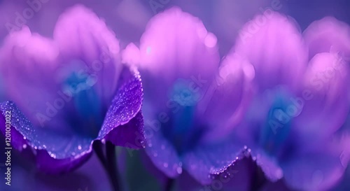 Vibrant purple flowers adorned with dew drops, showcasing nature's beauty and freshness.