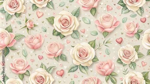Romantic Rose Pattern with Hearts and Leaves for Wallpaper or Fabric