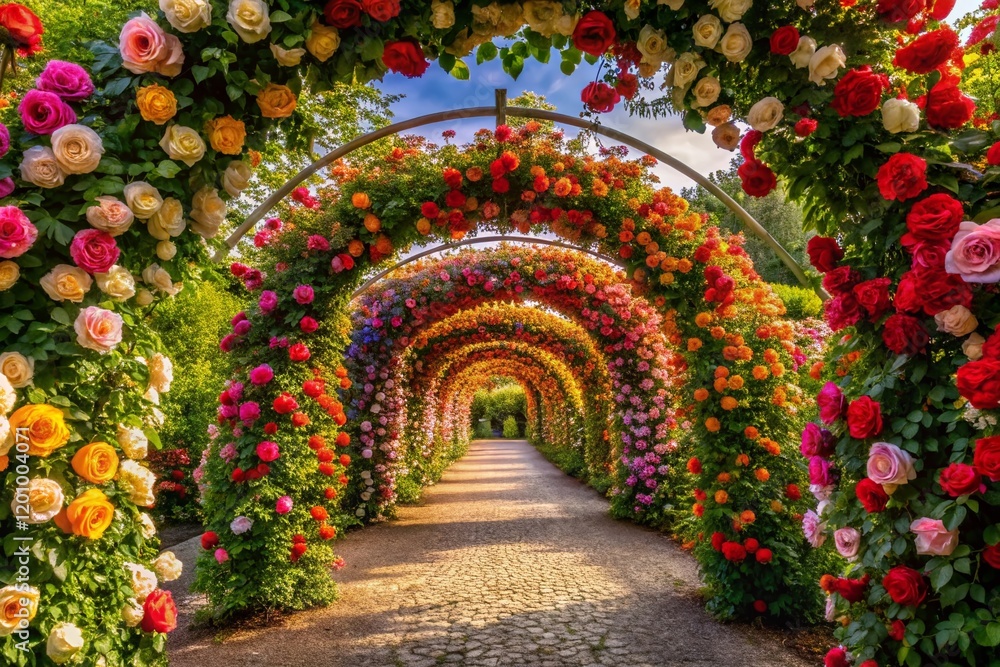 Fototapeta premium Colorful Rose Tunnel Silhouette - Beautiful Floral Frame, Isolated Background