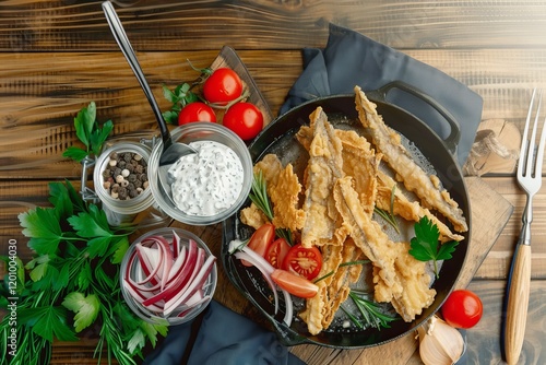 Fried fish   pieces of fish in a frying pan with cracklings and garnish.