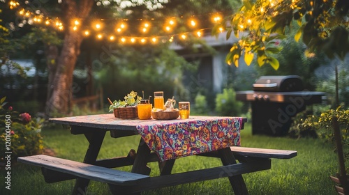 Evening Garden Picnic Table Setting With Drinks