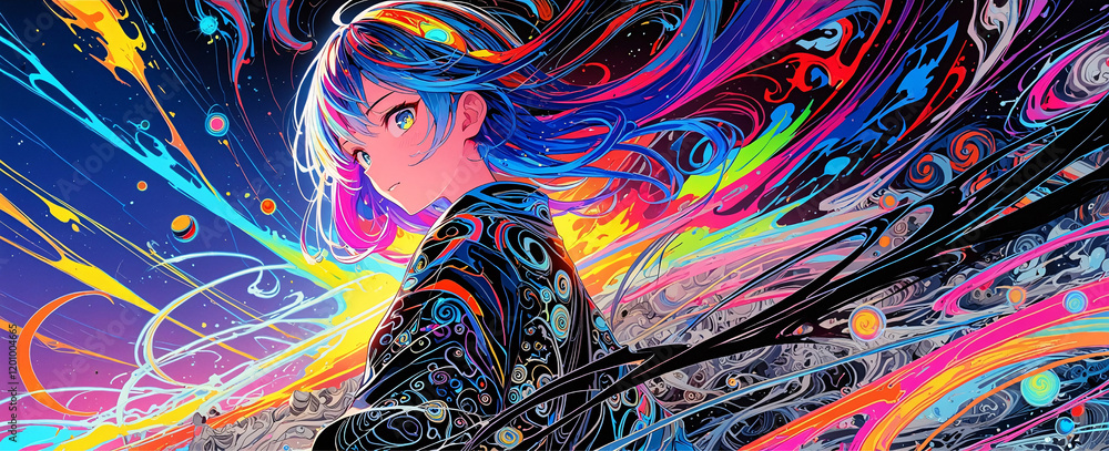 Fototapeta A vibrant, psychedelic anime artwork of a girl with glowing yellow eyes, surrounded by an explosion of colorful, swirling abstract patterns