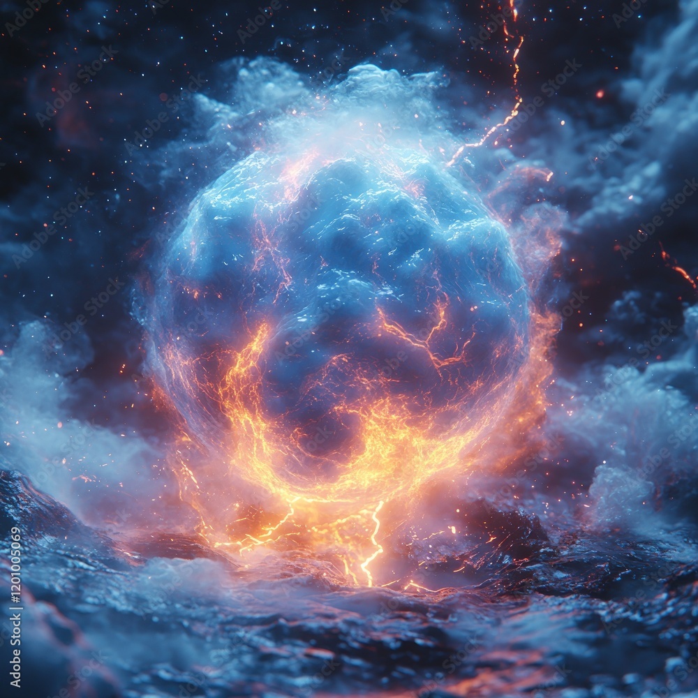 Fiery, icy sphere erupts, cosmic spectacle. Fiery, icy sphere erupts, cosmic spectacle.