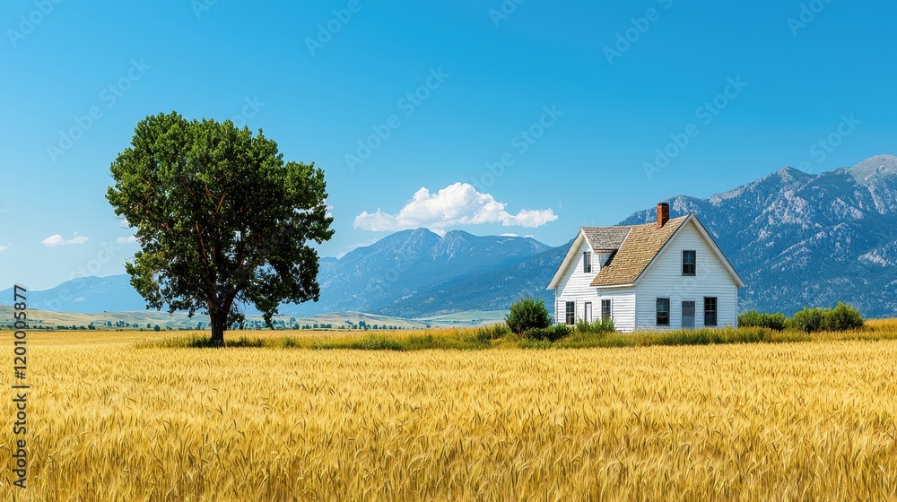 Scenic Rural Landscape with House, Tree, and Golden Wheat Field Under Blue Sky and Mountains in the Background Scenic Rural Landscape with House, Tree, and Golden Wheat Field Under Blue Sky and Mountains in the Background