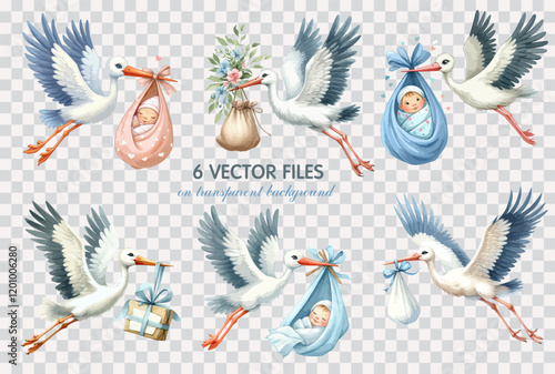 Set of Watercolor clip art stork bringing a newborn baby. Hand drawn childish illustration for nursery poster, baby shower, greeting card, invitation, tshirt, children room decor.