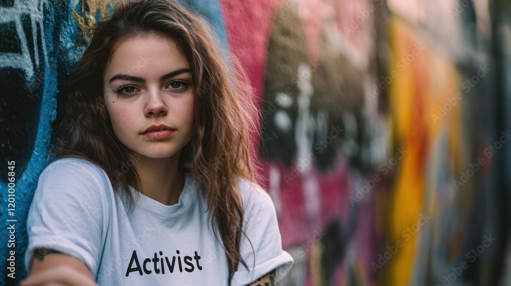 Naklejka premium Woman leaning against graffiti wall, serious expression, urban setting, activist t-shirt