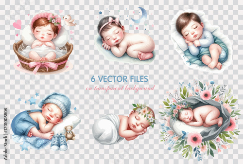 Set of Watercolor clip art newborn baby. Hand drawn childish illustration for nursery poster, baby shower, greeting card, invitation, tshirt, children room decor.