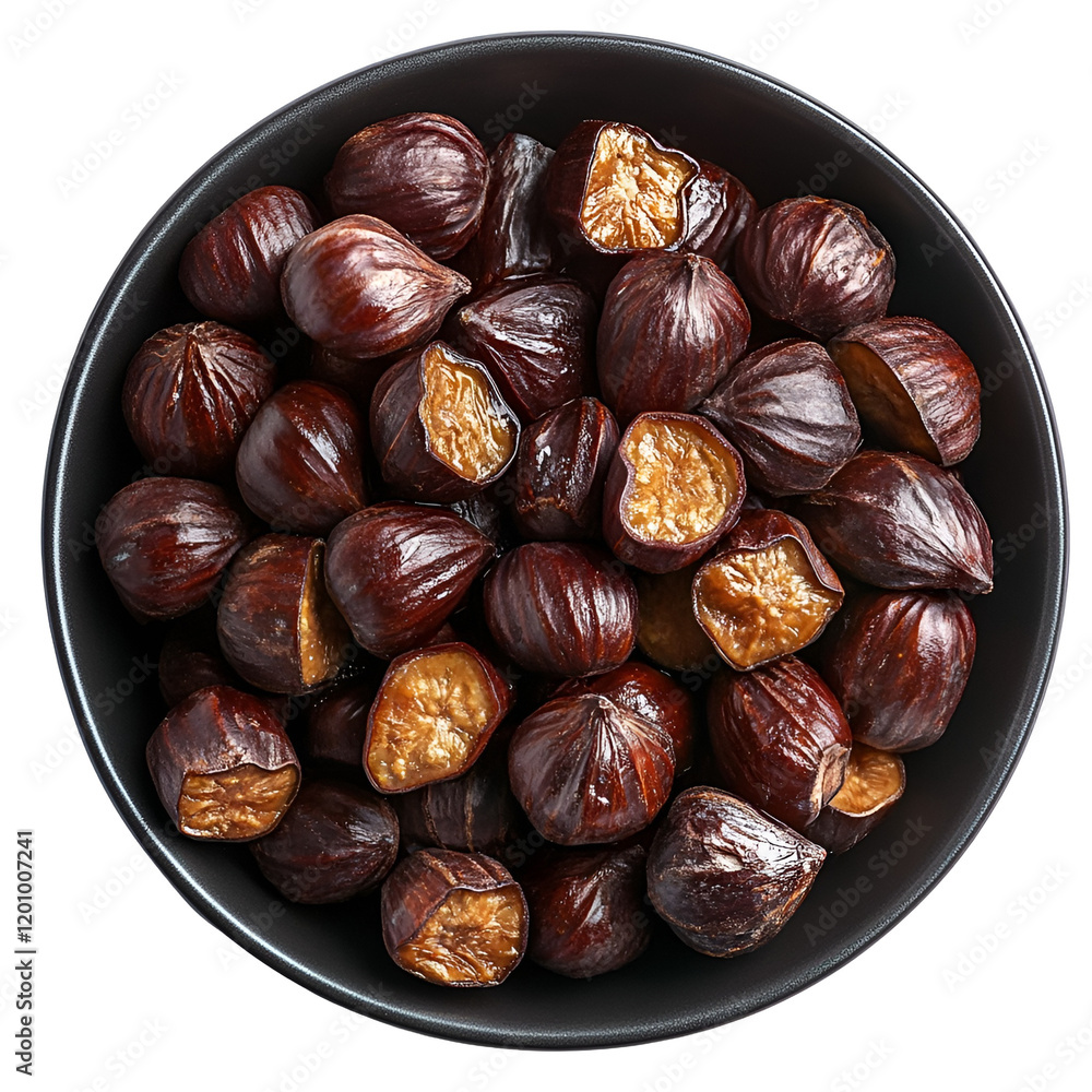 Top view of a hyperrealistic dark bowl of acorns isolated on a white transparent background