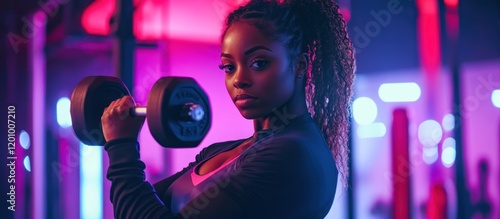 Woman lifting dumbbell in neon gym (1) photo