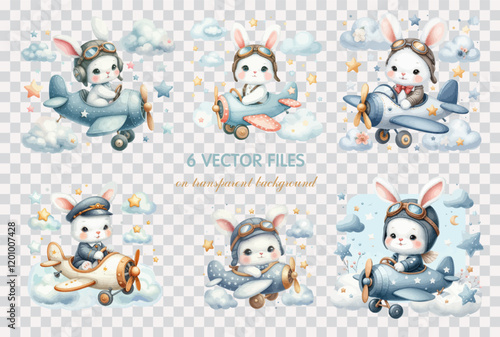 Set of Watercolor clip art bunny on cloud and bunny pilot on a plane. Hand drawn childish illustration for nursery poster, baby shower, greeting card, invitation, tshirt, children room decor.
