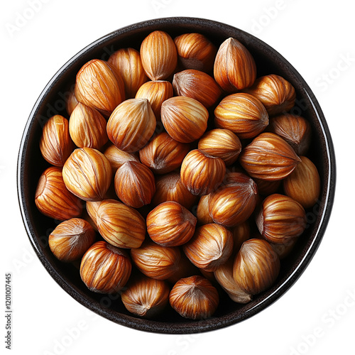 Top view of a hyperrealistic dark bowl of beechnuts isolated on a white transparent background photo