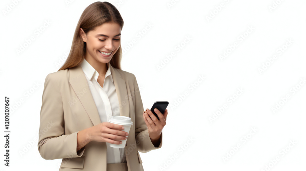 A young businesswoman is smiling while holding a coffee cup and looking at her phone. A young businesswoman is smiling while holding a coffee cup and looking at her phone.