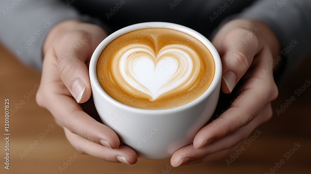 Warm Hands Holding a Latte with Heart-Shaped Art Warm Hands Holding a Latte with Heart-Shaped Art