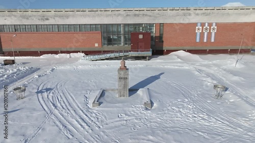 Pyramiden Town in Spitsbergen, Svalbard and Jan Mayen under heavy snow, Aerial view