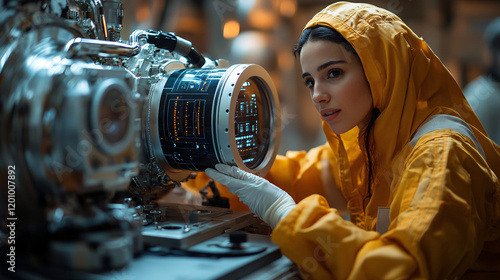 a woman in a yellow raincoat photo