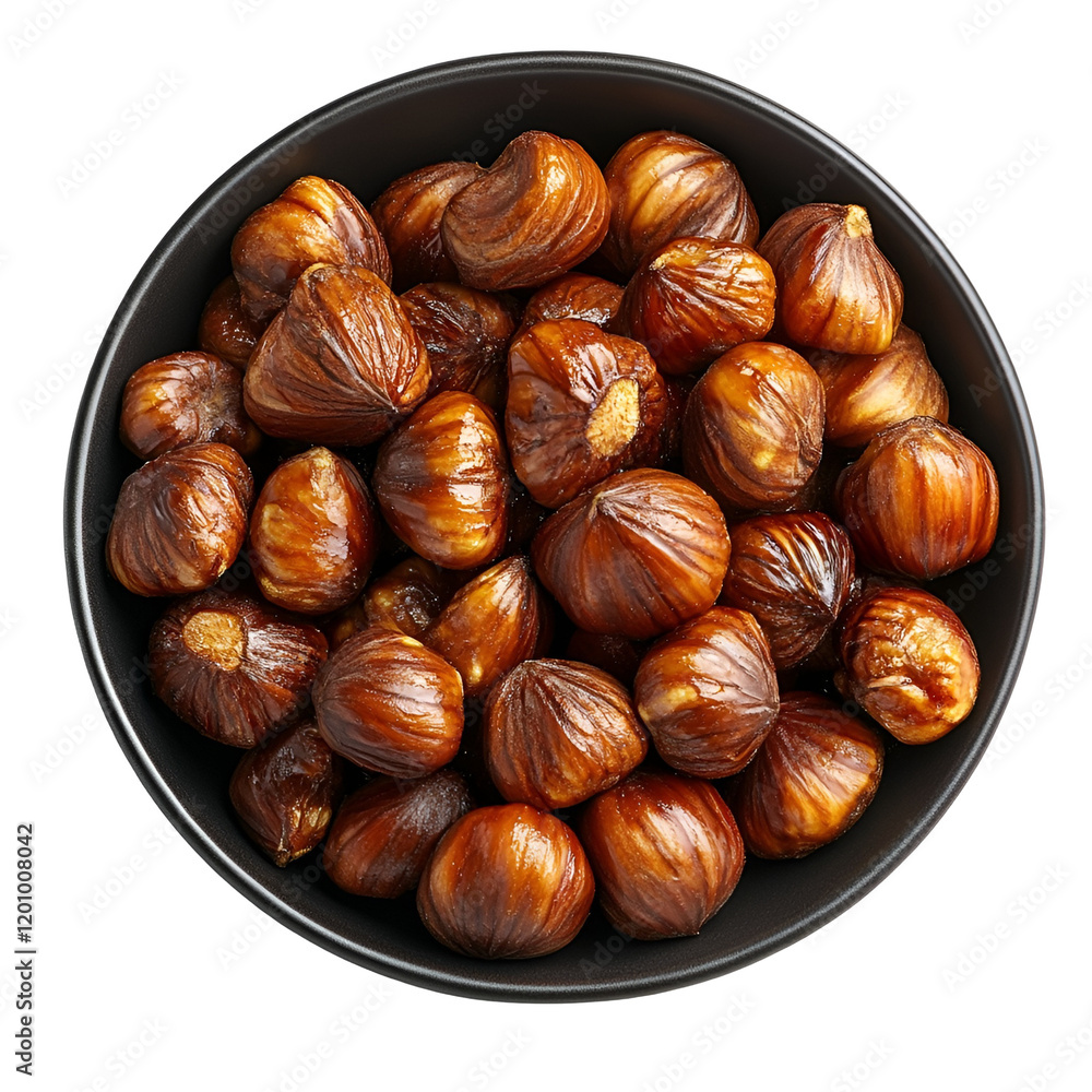 Obraz premium Top view of a hyperrealistic dark bowl of chestnuts isolated on a white transparent background