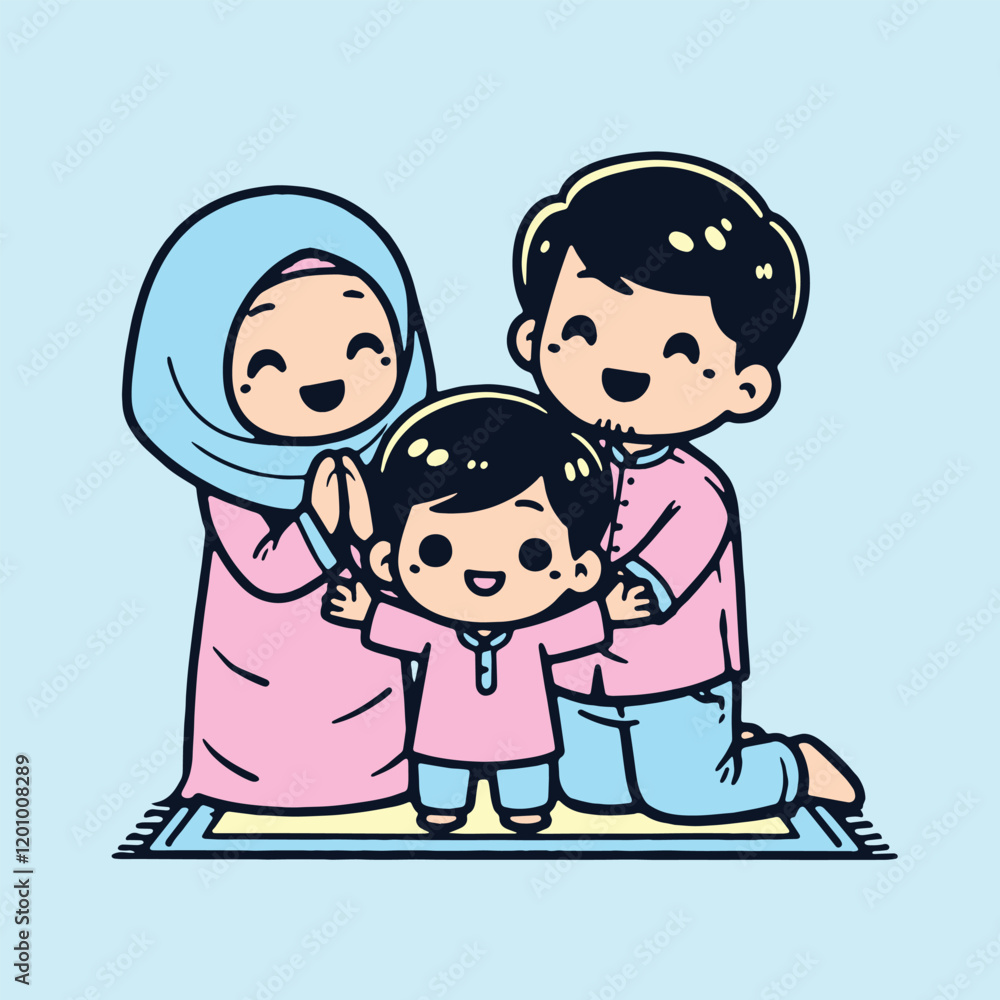 An adorable illustration of a happy little Muslim family enjoying joyful moments together. Flat vector illustration style An adorable illustration of a happy little Muslim family enjoying joyful moments together. Flat vector illustration style