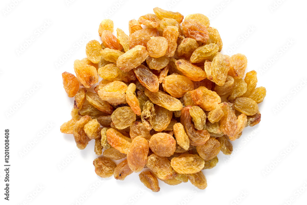 A pile of yellow raisins on a white background. White grape raisins. A pile of yellow raisins on a white background. White grape raisins.