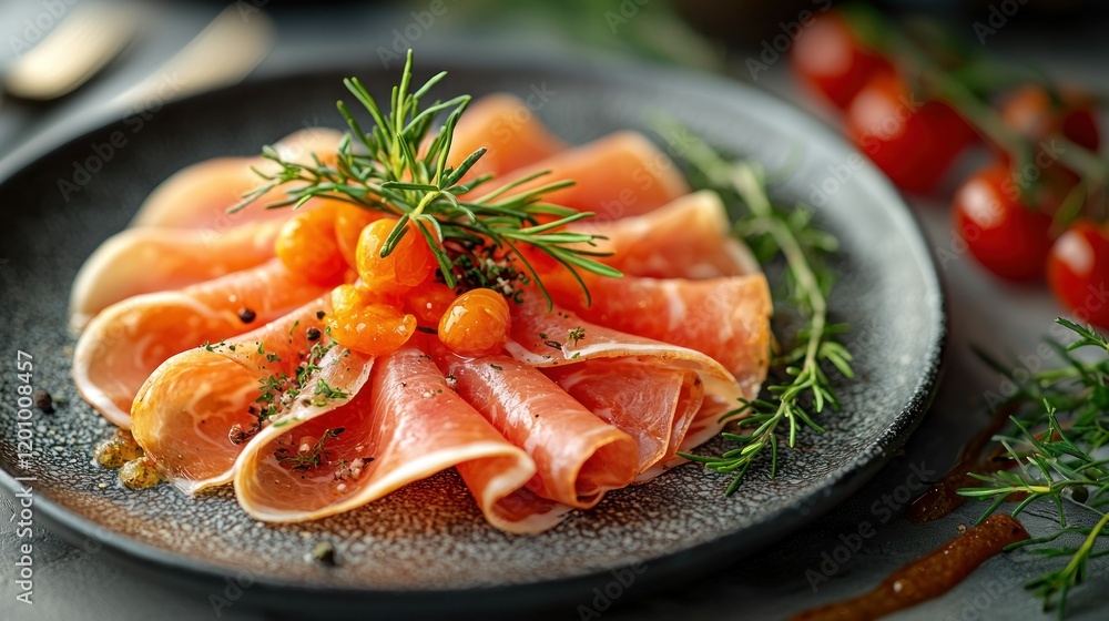Gourmet ham, citrus, rosemary appetizer, kitchen setting Gourmet ham, citrus, rosemary appetizer, kitchen setting