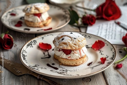 Closeup of a plate featuring delicious cake rolls surrounded by beautiful roses on a table