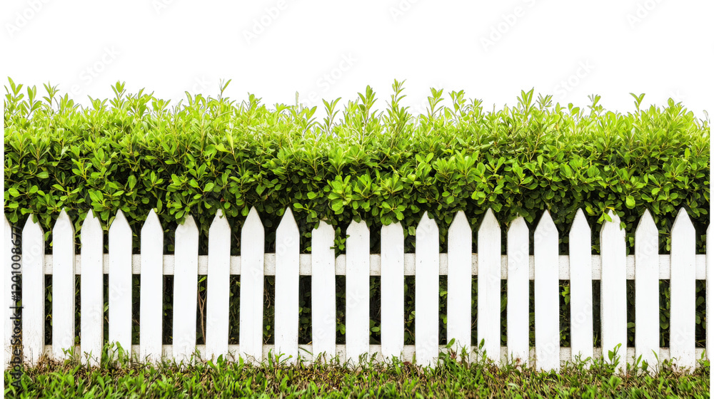 A well-maintained white picket fence borders a flourishing green hedge, showcasing vibrant leaves at the top, all under a bright. PNG A well-maintained white picket fence borders a flourishing green hedge, showcasing vibrant leaves at the top, all under a bright. PNG