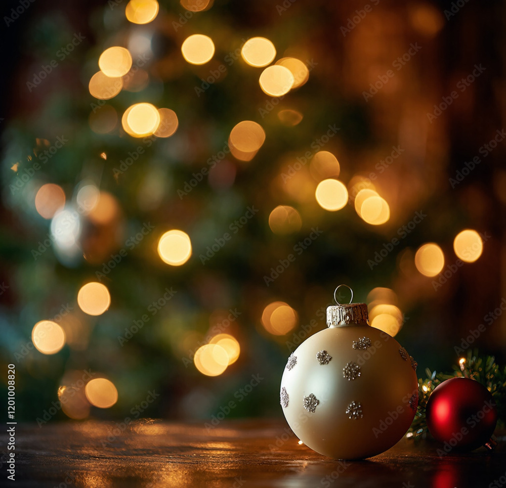 festive scene with a Christmas tree in the background, decorated with glowing fairy lights creating warm golden bokeh festive scene with a Christmas tree in the background, decorated with glowing fairy lights creating warm golden bokeh