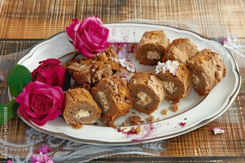 Plate with tasty cake rolls and roses on table, closeup