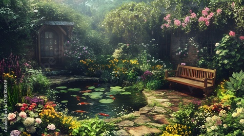 Fototapeta Naklejka Na Ścianę i Meble -  Serene Garden Pond Koi Fish Flowers And Wooden Bench