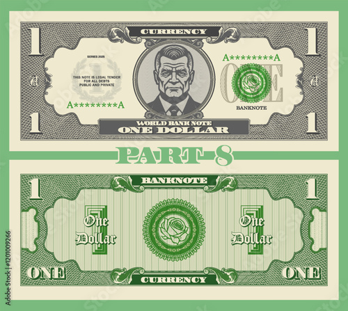 Vector obverse and reverse of vintage denomination 1 dollar banknote. Graphic portrait of serious respectable important man. Bank seal with rose. Retro play money. One. Part 8