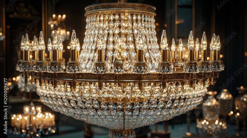 Obraz premium Grand Crystal Chandelier Glows in Antique Showroom