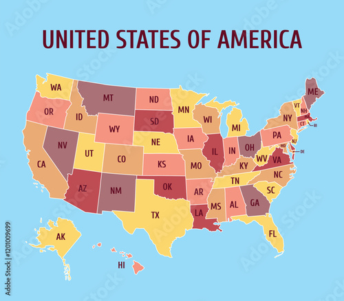 Map of the USA with the names of the states