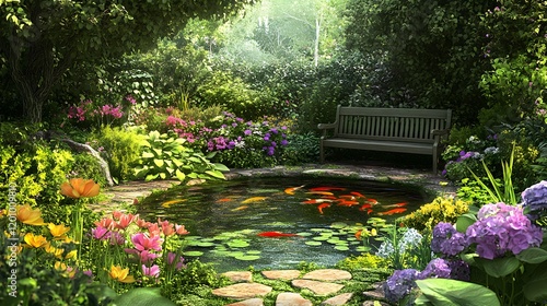 Fototapeta Naklejka Na Ścianę i Meble -  Serene Garden Pond Koi Fish Bench Flowers