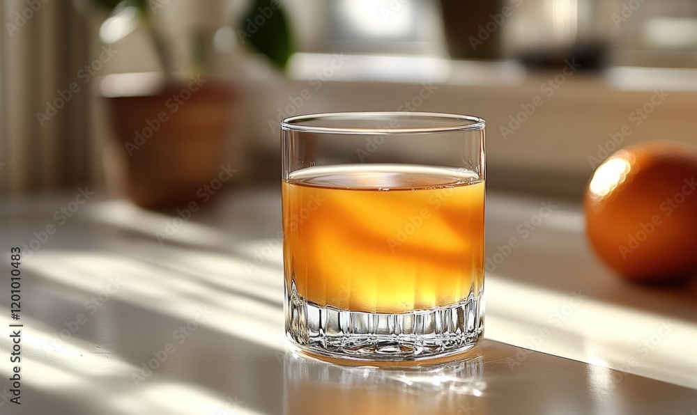 Sunlit orange juice glass, blurry background. Sunlit orange juice glass, blurry background.