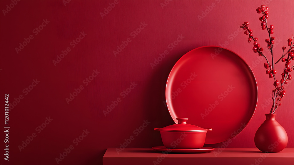 Elegant red kitchenware arrangement modern kitchen still life photography minimalist setting overhead view color harmony Elegant red kitchenware arrangement modern kitchen still life photography minimalist setting overhead view color harmony