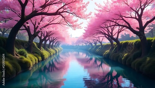 Pink Cherry Blossom Canal Peaceful Spring Landscape