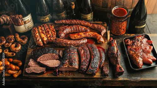 Delicious barbecue feast featuring assorted meats and sides in a rustic setting