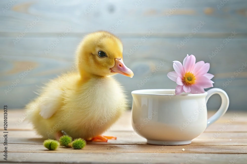 Cute Duckling Sipping Milk from a White Cup with Flower Cute Duckling Sipping Milk from a White Cup with Flower