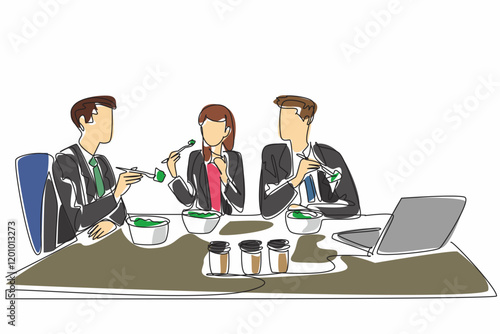 Single continuous line drawing businessman and businesswoman sitting together eating salad at the office table. Snacking together. National Make Lunch Count Day. One line design vector illustration