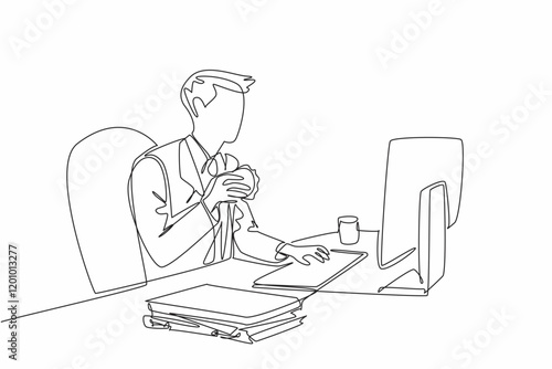 Continuous one line drawing businessman typing on keyboard while holding burger in one hand. Making meeting slides while having breakfast. Deskfast Day. Single line draw design vector illustration