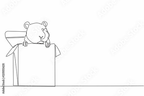 Continuous one line drawing hamster head and legs come out of cardboard box. Box is used as a place to play and hide. Adorable behavior. World Hamster Day. Single line draw design vector illustration