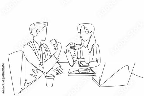 Single one line drawing businessman and businesswoman are eating pizza at the office table. Ordering food. Discussing work. National Make Lunch Count Day. Continuous line design graphic illustration