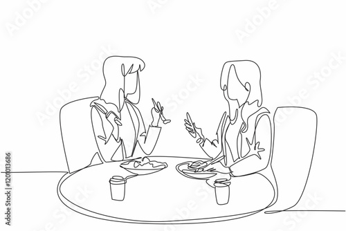 Single one line drawing two businesswomen are having a meal together. Relaxing for a meal break. A cup of delicious coffee. National Make Lunch Count Day. Continuous line design graphic illustration