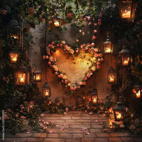 Charming garden with heart-shaped floral decor. photo