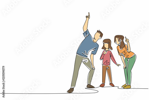 Single continuous line drawing a family gathered as the father pointed upwards. The father showed a beautiful object far up there. Amazing. Look Up at The Sky Day. One line design vector illustration