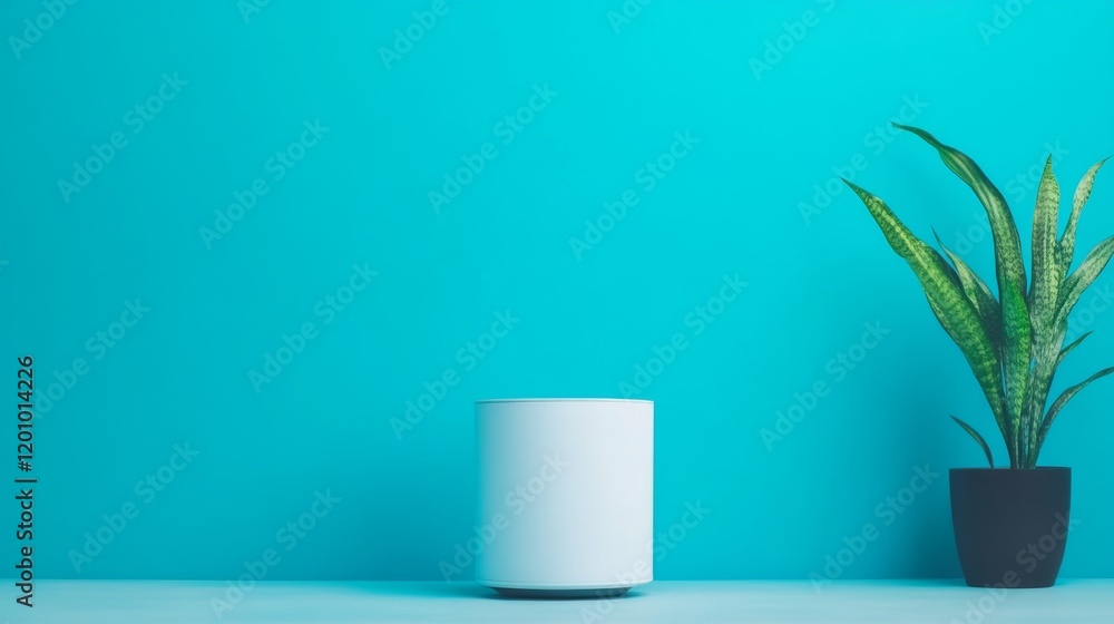 White cylindrical object next to potted plant against a blue wall. White cylindrical object next to potted plant against a blue wall.