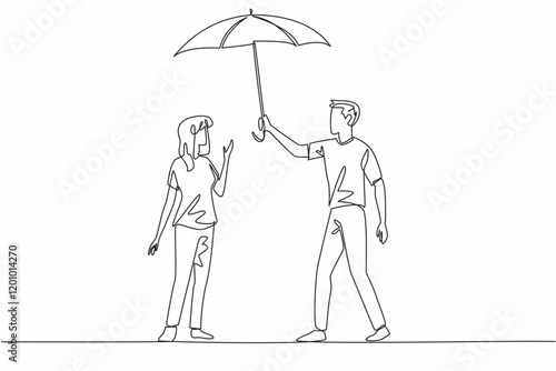 Single continuous line drawing a man in casual clothes holding an umbrella over a woman. Form of affection. Avoiding the heat of the weather. Love. Good Deeds Day. One line design vector illustration