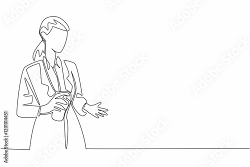 Continuous one line drawing a business woman sprays perfume on the palm of her hand. Gives off a very calming aroma. Stress reliever. National Perfume Day. Single line draw design vector illustration